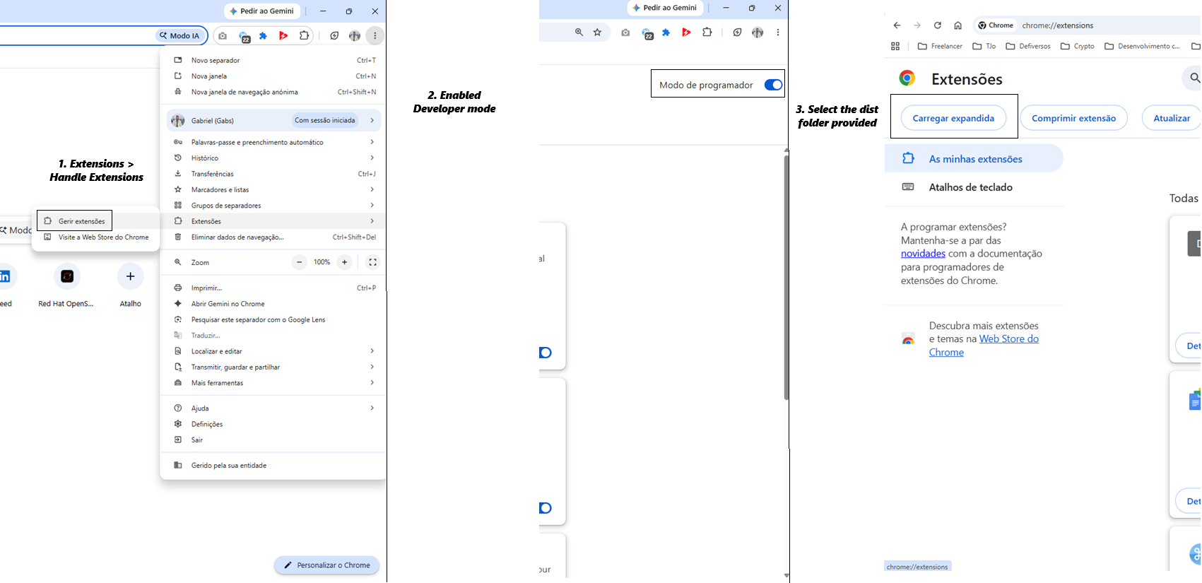 Open Chrome menu, go to Extensions, then Manage Extensions and enable Developer mode