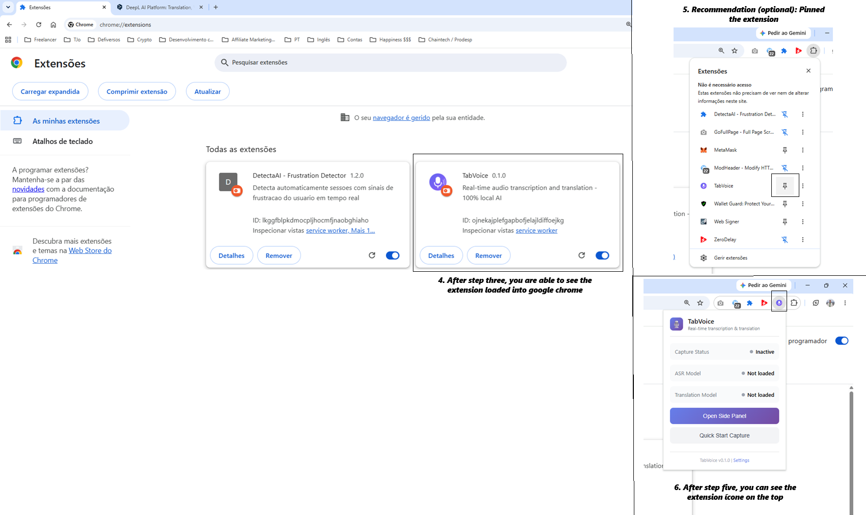 TabVoice loaded, pin the extension, and click the icon