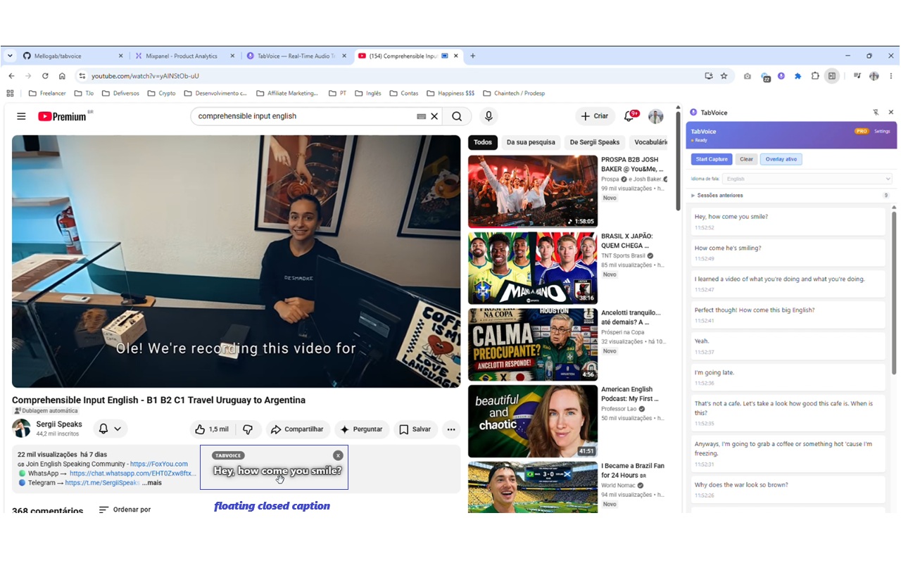 Floating captions overlay on the video